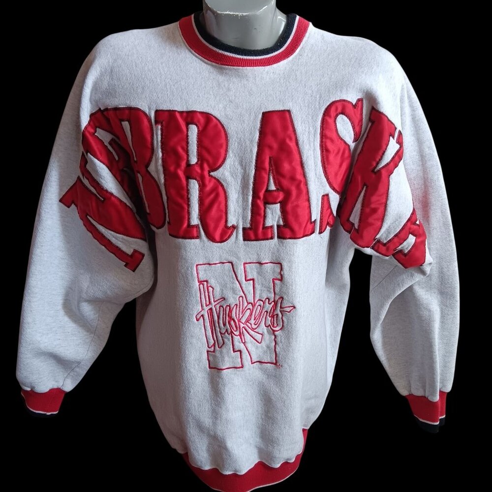 Vintage L/XL Sweatshirt Big Red Nebraska Huskers Sewn on AOP Logo Crewneck USA